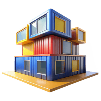 extraordinary modern A modernist house made of stacked shipping containers, bold primary colors, bright sunlight, pop art style, authentic png
