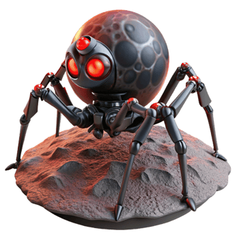 beautiful modern A menacing, spider-like robot with sharp metallic legs and glowing red eyes, crawling across a desolate landscape, lit by a blood-red moon. Horror style professional png