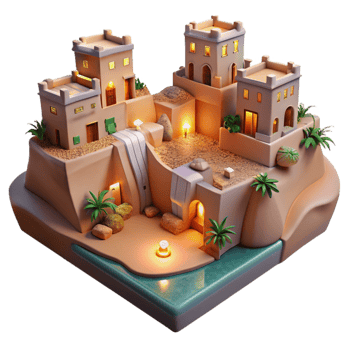 elegant traditional A desert oasis village built into a canyon wall, warm desert lighting, realistic, detailed png