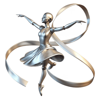 serene modern A graceful, ballerina robot with flowing metallic ribbons and delicate movements, performing a pirouette, lit by soft stage lighting. Ballet photography style genuine png
