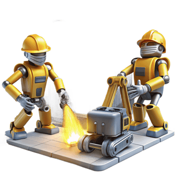 elegant rustic A group of construction robots with heavy machinery, building a futuristic skyscraper, lit by the bright sun and welding sparks. Architectural rendering style professional png
