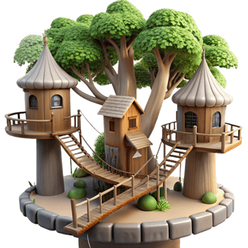 vibrant minimalist A treehouse village connected by rope bridges, dappled sunlight, fantasy, original png