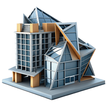 wonderful artistic A deconstructivist office building, fragmented forms, sharp angles, dramatic lighting, exclusive png