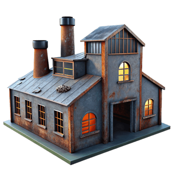 vibrant rustic An abandoned industrial factory, rusty metal, broken windows, dim lighting, gritty, 4K png