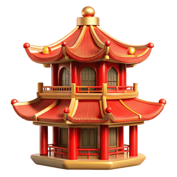 vibrant contemporary A traditional Chinese pagoda, intricate carvings, vibrant red and gold, bright sunlight, exclusive png