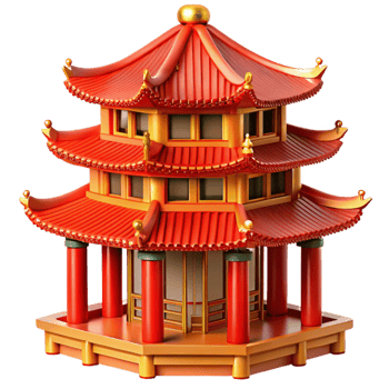 elegant creative A traditional Chinese pagoda, intricate carvings, vibrant red and gold, bright sunlight, high quality png