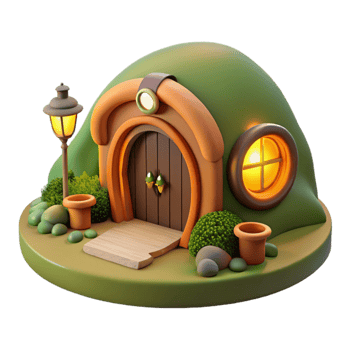 magnificent contemporary A hobbit hole built into a hillside, warm interior lighting, cozy, original png