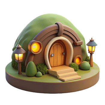 elegant modern A hobbit hole built into a hillside, warm interior lighting, cozy, high resolution png