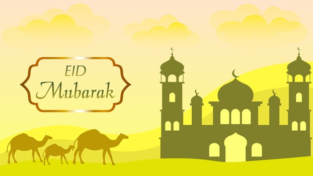 Eid Al Fitr. Mosque silhouette in the desert with camel. Mosque landscape for illustration, background or ramadan. Eid mubarak landscape for ramadan event vector