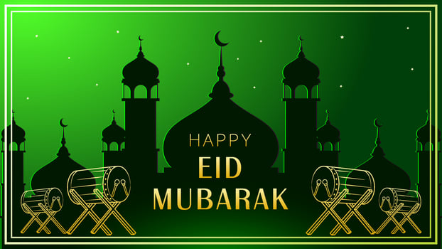 Eid Mubarak Premium Illustration Luxury Design. Green Gradient Background with Mosque and Ornate Islamic Decorations. Golden 'Happy Eid Mubarak' Design for Islamic Festivities. vector