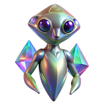 impressive minimalist A crystalline alien creature, with facets that refract rainbow light, floats in zero gravity. Ethereal lighting, surreal style high resolution png