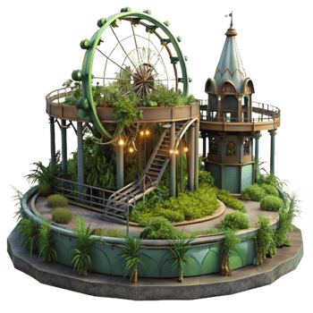 dramatic vintage An abandoned amusement park, overgrown with vegetation, eerie lighting, surreal, exclusive png