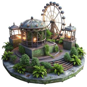 serene classic An abandoned amusement park, overgrown with vegetation, eerie lighting, surreal, premium png