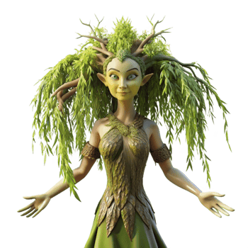 stunning vintage A graceful dryad emerging from a willow tree, her skin textured like bark, adorned with luminous moss, bathed in soft, dappled sunlight. Pre-Raphaelite style genuine png