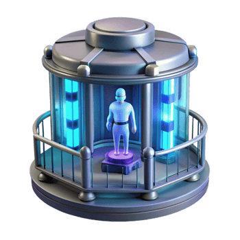 dramatic abstract A futuristic prison cell, with glowing force fields and holographic displays, containing a lone prisoner. Cold, sterile lighting, dystopian style exclusive png