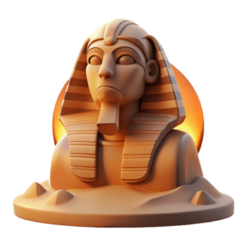 beautiful rustic A stoic sphinx, with intricate hieroglyphic markings, gazing into the distance, bathed in the warm, orange light of a desert sunrise. Egyptian art style premium png