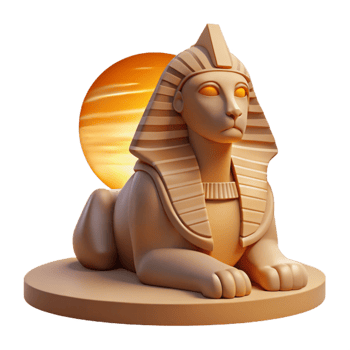 serene creative A stoic sphinx, with intricate hieroglyphic markings, gazing into the distance, bathed in the warm, orange light of a desert sunrise. Egyptian art style professional png