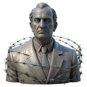 magnificent minimalist A decaying statue of a forgotten leader, surrounded by barbed wire, sepia tone, somber lighting, photorealistic style authentic png
