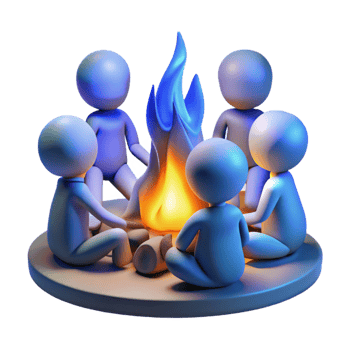 stunning vintage A group of emaciated humans huddled around a flickering fire, cool blue lighting, gritty realistic style high resolution png