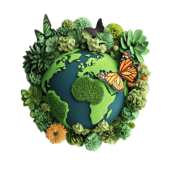 Eco-Friendly Globe Surrounded by Lush Green Plants, Flowers and Butterflies Representing png