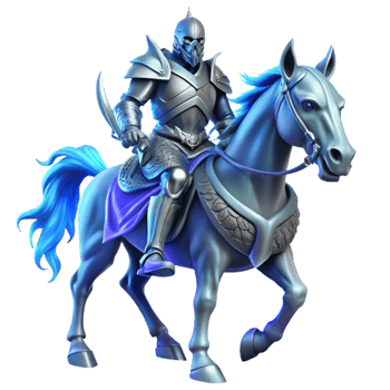 impressive modern A lone, spectral knight clad in shimmering silver armor, astride a skeletal warhorse, ghostly blue moonlight. Dark fantasy art style 4K png