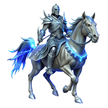 magnificent minimalist A lone, spectral knight clad in shimmering silver armor, astride a skeletal warhorse, ghostly blue moonlight. Dark fantasy art style professional png