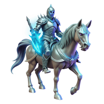 impressive modern A lone, spectral knight clad in shimmering silver armor, astride a skeletal warhorse, ghostly blue moonlight. Dark fantasy art style high quality png