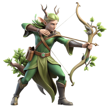 beautiful classic An elegant elven archer with a bow made of twisted vines, aiming at an unseen target, soft, dappled forest light. Digital art style high resolution png