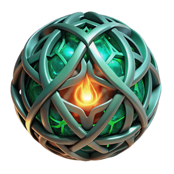 serene classic Intricate Celtic knotwork glowing with emerald fire, woven around a crystal clear sphere, dark fantasy art style original png