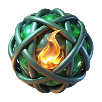 dramatic artistic Intricate Celtic knotwork glowing with emerald fire, woven around a crystal clear sphere, dark fantasy art style high resolution png