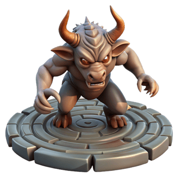 elegant rustic A fearsome minotaur charging through a labyrinth, dramatic lighting, dark fantasy style professional png