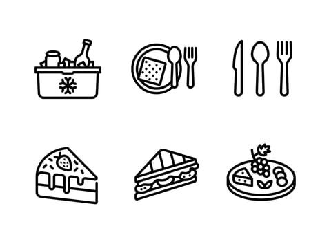 Ice Cooler, Cutlery Set, Cake, Sandwich Line Icons vector