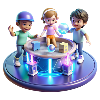 magnificent vintage A group of children, playing with holographic toys in a futuristic playground. Bright, cheerful lighting, playful atmosphere exclusive png