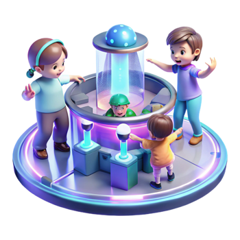 extraordinary rustic A group of children, playing with holographic toys in a futuristic playground. Bright, cheerful lighting, playful atmosphere high quality png