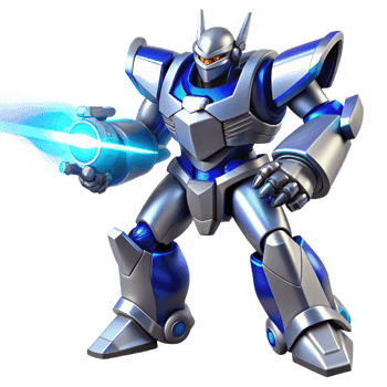 stunning vintage A powerful mecha, designed with sleek silver and blue lines, fires a beam of energy from its chest cannon. Bright, lens flare lighting effect. Realistic mecha anime style authentic png