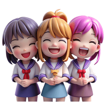 serene contemporary A group of chibi-style schoolgirls in sailor uniforms share a laugh, vibrant pastel colors and exaggerated expressions. Soft, diffused lighting. Moe anime style original png