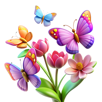 serene contemporary A group of butterflies fluttering around a flowering bush, vibrant colors, dynamic movement, high resolution png