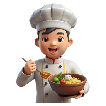 impressive artistic A cheerful chef prepares a delicious-looking ramen dish. Warm kitchen lighting. Slice-of-life anime style exclusive png