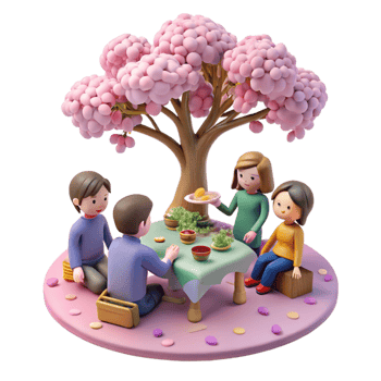 extraordinary classic A group of friends enjoys a picnic under a cherry blossom tree. Soft, pink lighting. Slice-of-life anime style professional png
