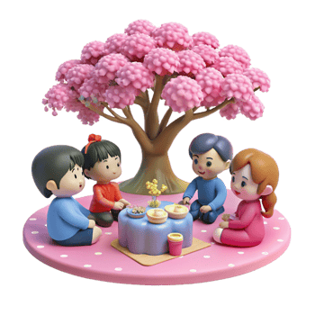 wonderful minimalist A group of friends enjoys a picnic under a cherry blossom tree. Soft, pink lighting. Slice-of-life anime style premium png