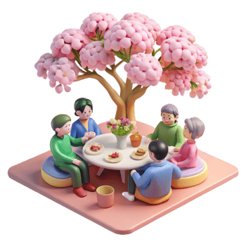 impressive vintage A group of friends enjoys a picnic under a cherry blossom tree. Soft, pink lighting. Slice-of-life anime style exclusive png