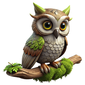 wonderful classic A wise old owl perched on a moss-covered branch in a dimly lit forest, intricate details, fantasy art style detailed png