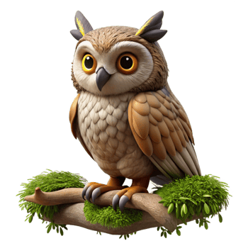 magnificent modern A wise old owl perched on a moss-covered branch in a dimly lit forest, intricate details, fantasy art style high resolution png
