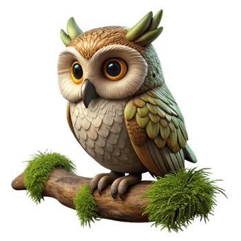 dramatic rustic A wise old owl perched on a moss-covered branch in a dimly lit forest, intricate details, fantasy art style original png