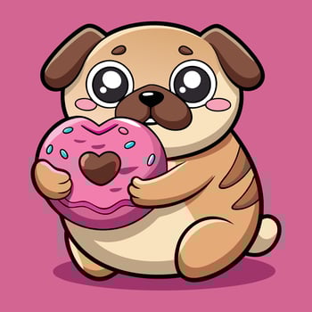 Adorable Pug Enjoys Scrumptious Doughnut in Loving Embrace vector