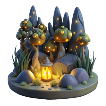 serene modern A group of fireflies illuminating a dark forest, magical lighting, fantasy art style authentic png
