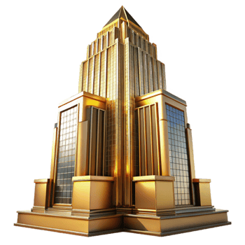 elegant minimalist Art Deco skyscraper, intricate geometric facade, chrome accents, golden hour sunlight, highly polished surfaces, ray tracing, 8k, exclusive png