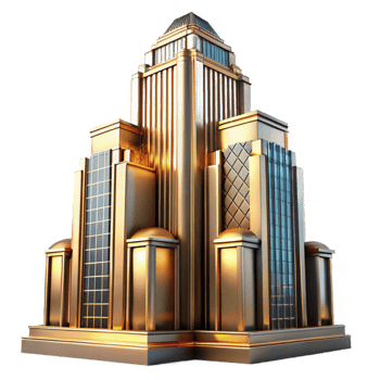 beautiful creative Art Deco skyscraper, intricate geometric facade, chrome accents, golden hour sunlight, highly polished surfaces, ray tracing, 8k, authentic png