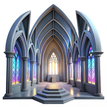 wonderful rustic Gothic cathedral interior, stained glass windows depicting abstract shapes, volumetric lighting, ethereal atmosphere, hyperrealistic, photorealistic, detailed png