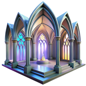 dramatic classic Gothic cathedral interior, stained glass windows depicting abstract shapes, volumetric lighting, ethereal atmosphere, hyperrealistic, photorealistic, high quality png